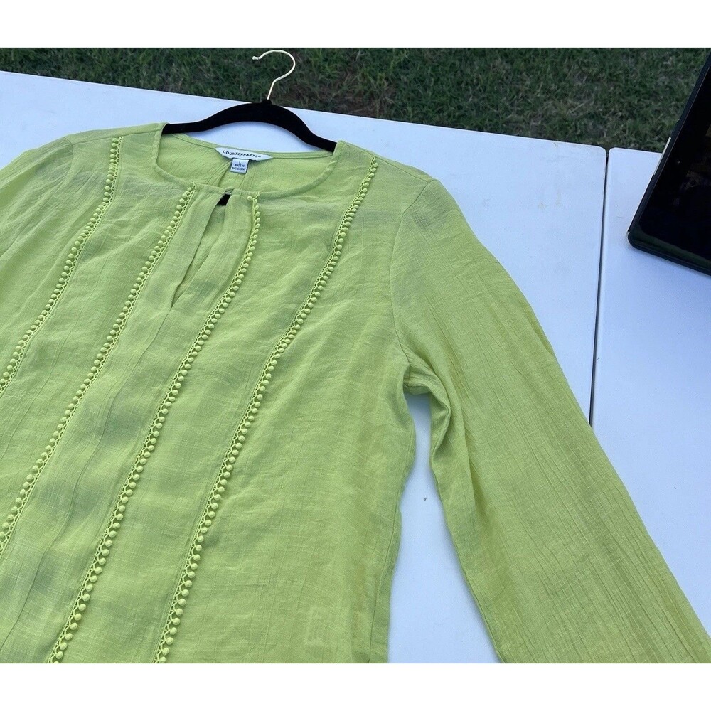 COUNTERPARTS LIME GREEN SIZE LARGE LONG SLEEVE BLOUSE with POM POM TRIM DETAILS - Picture 6 of 10